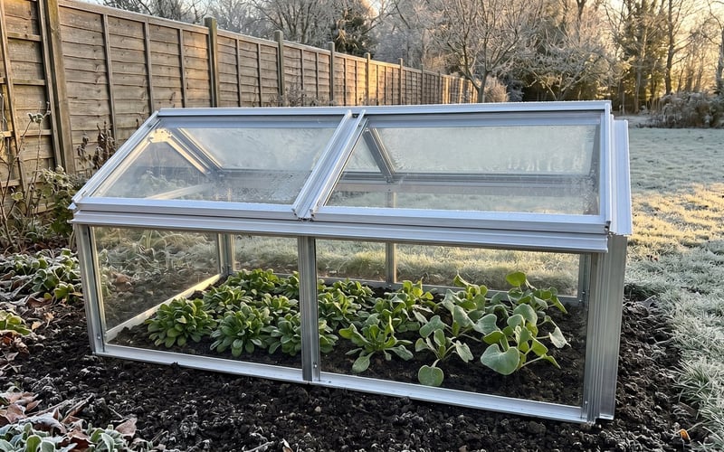 Elite Min E Lite aluminium cold frame in a frosty UK garden with lambs lettuce and claytonia growing inside
