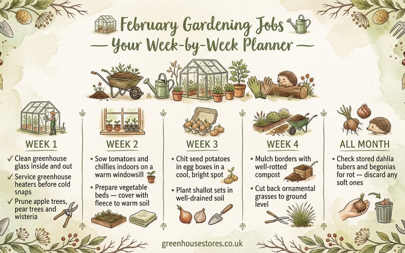 February gardening jobs week by week planner infographic showing tasks from soil prep to wildlife care
