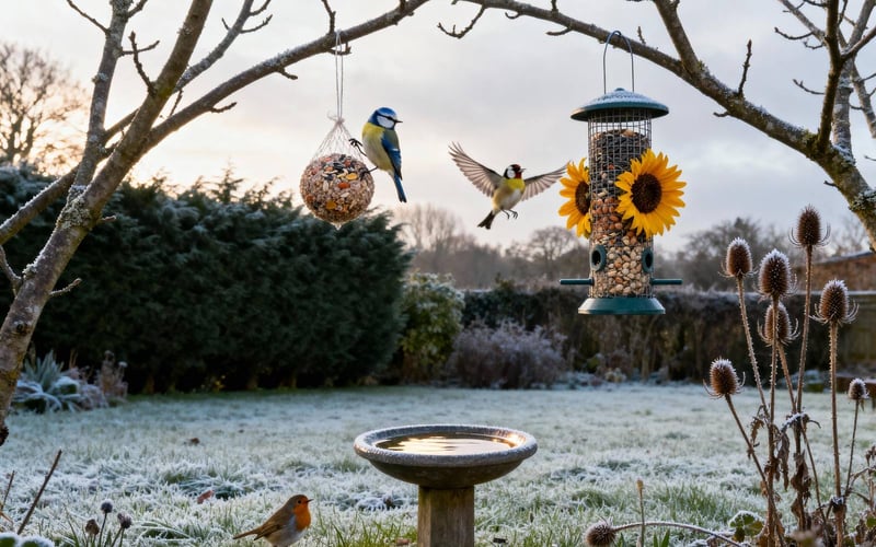 Feeding garden birds in November showing filled bird feeders and bird bath for UK wildlife care