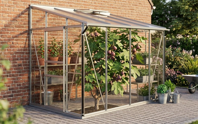 Vitavia IDA 5200 lean-to greenhouse against a brick wall with a fig tree growing inside