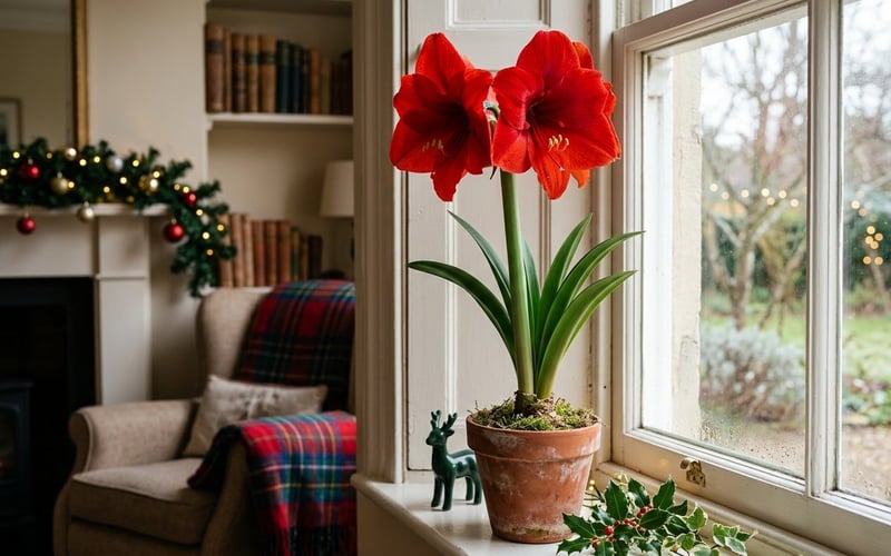 Large red amaryllis flower in full bloom in a pot on a bright windowsill in a UK living room at Christmas