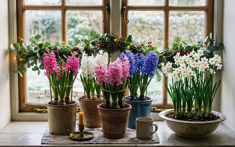 Forced hyacinths and paperwhite narcissi in full bloom on a windowsill in a UK home decorated for Christmas