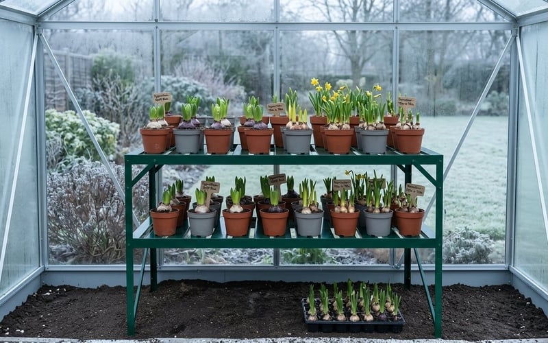 Rows of labelled hyacinth and daffodil forcing pots on green greenhouse staging in a cool greenhouse in winter