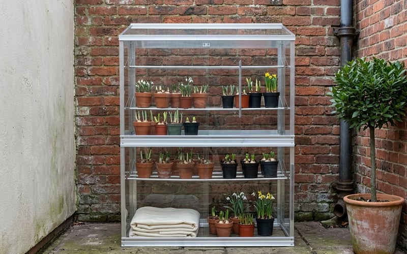 Small aluminium mini greenhouse against a brick wall in a compact urban courtyard, sheltering pots of forced bulbs