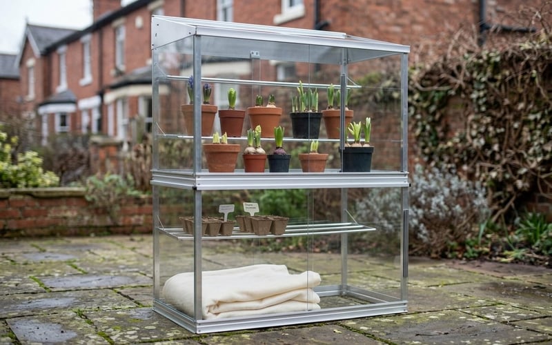 Small aluminium mini greenhouse on a patio sheltering pots of forced bulbs with a UK terraced house behind