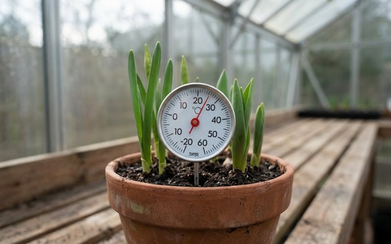 A soil thermometer pushed into a pot of forcing bulbs reading seven degrees Celsius on a greenhouse bench
