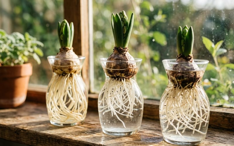 Three hyacinth bulbs rooting in glass forcing vases of water showing long white roots and emerging flower spikes