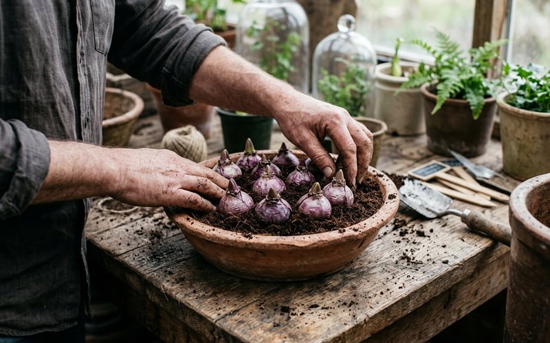 Gardener potting prepared hyacinth bulbs into bulb fibre in a terracotta bowl on a potting bench