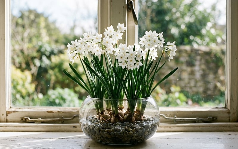 White paperwhite narcissi flowering in a clear glass bowl of gravel and water on a windowsill