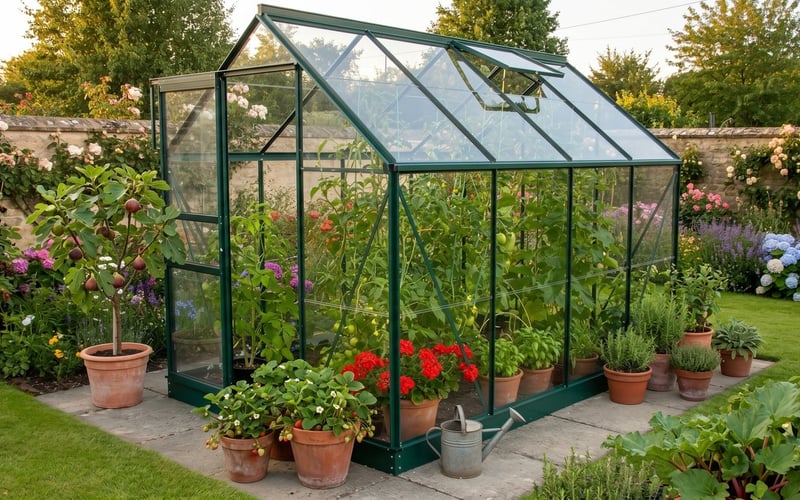 Vitavia Venus 5000 greenhouse in green with melons, strawberries and fig trees growing around it in a UK garden