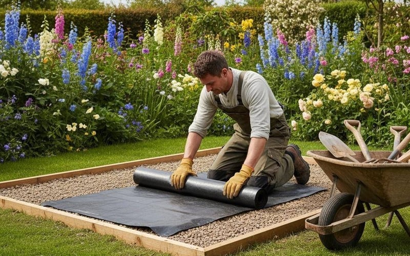 Installing DPM sheeting on hardcore base for greenhouse