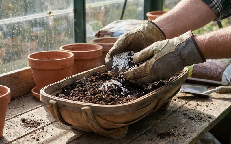 Gardener mixing finished dark compost with perlite on a wooden potting bench inside a greenhouse