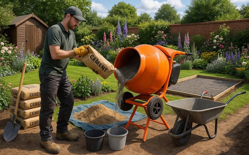 Mixing concrete in cement mixer for greenhouse base in UK garden