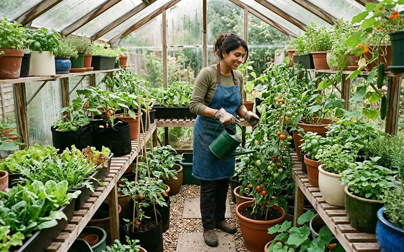 A container-only greenhouse with pots of tomatoes cucumbers and herbs on staging above a paved floor