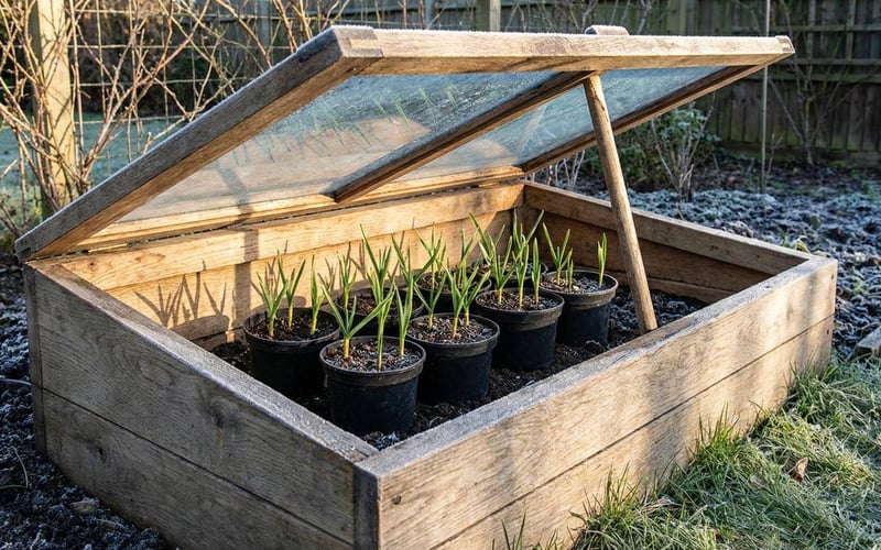 A wooden cold frame with the lid slightly open showing pots of garlic shoots surviving a light frost