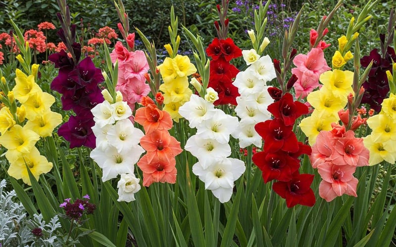 Gladioli flowering in a UK summer garden border with mixed colours