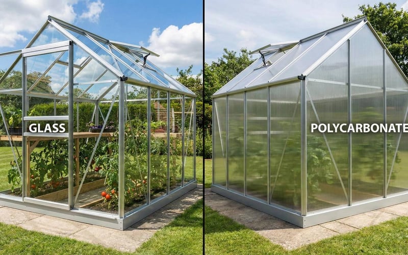 Side by side comparison of a clear glass greenhouse and a twin-wall polycarbonate greenhouse