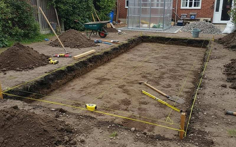 Excavated area marked with string lines showing level subsoil ready for paving slab greenhouse base
