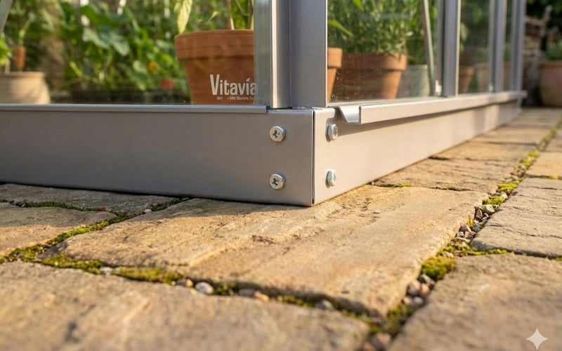Close-up of a greenhouse base plinth on paving slabs showing a drainage gap