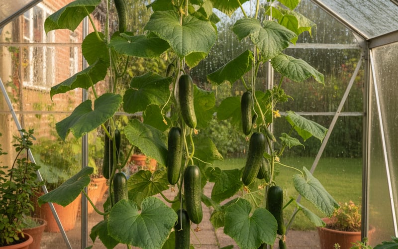 Cucumber plant climbing a string trellis inside a greenhouse