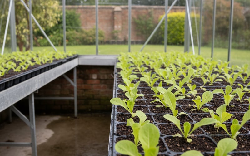 Fresh lettuce seedlings growing in rows inside an aluminium greenhouse