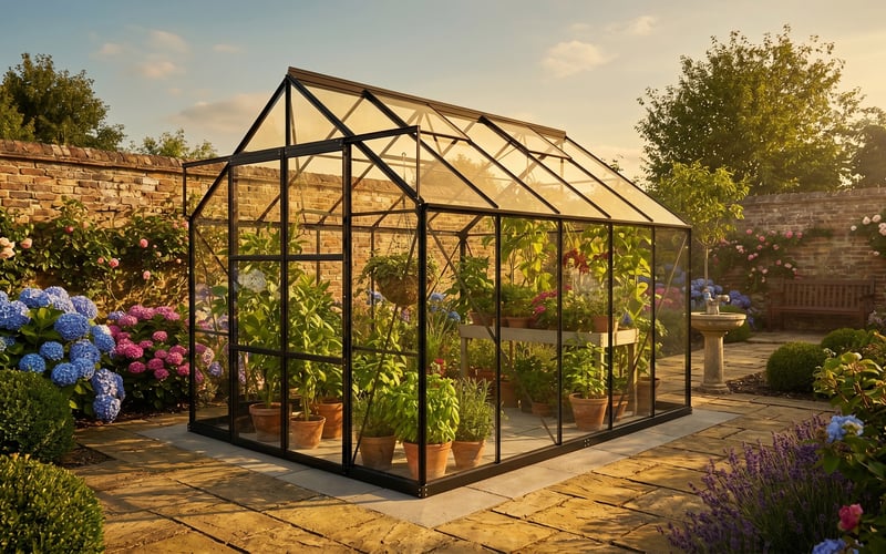 Black Vitavia Phoenix greenhouse glowing in golden evening light in a walled UK town garden