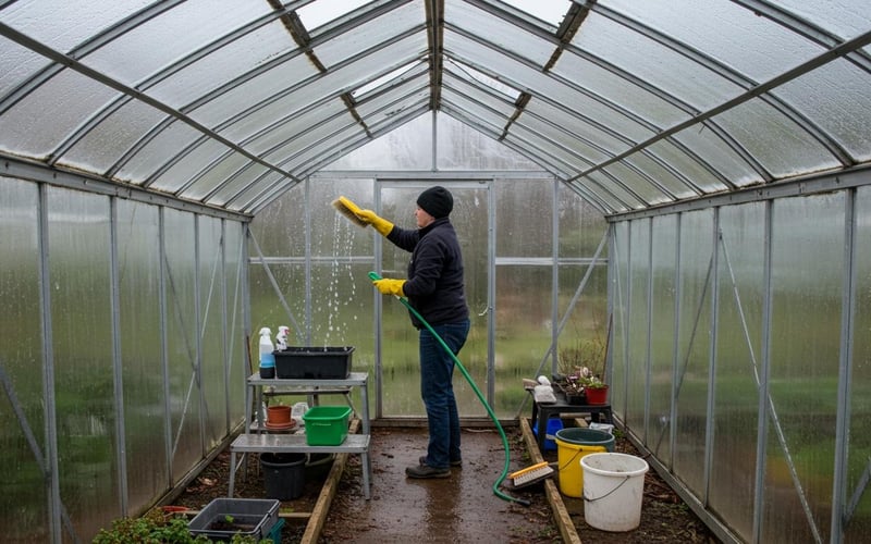Washing greenhouse glass to remove grime and algae for better light transmission