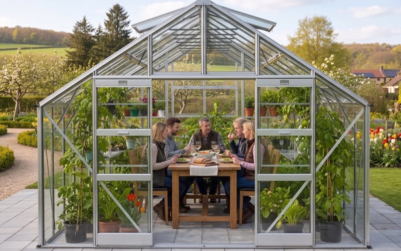 Lifestyle visualisation of six people dining inside an Elite Titan 1200 aluminium greenhouse