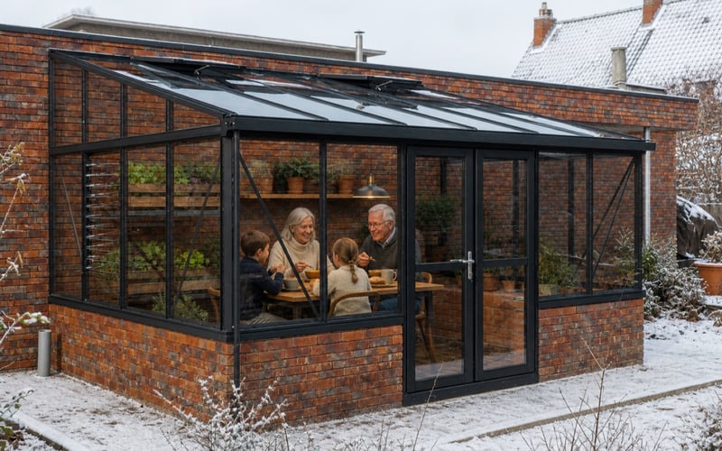 Grandparents and grandchildren sharing a cosy winter lunch inside a Janssens Arcadia Plus Mur lean-to greenhouse