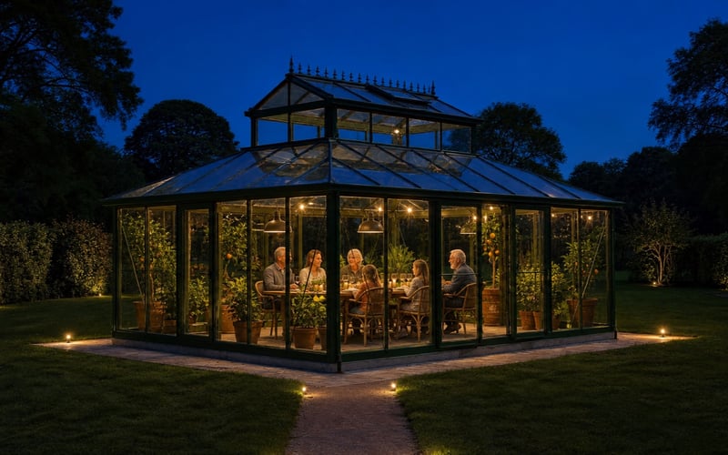 Three generations eating dinner at night inside a green Janssens Kathedral Orangery greenhouse