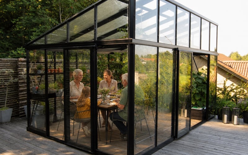 A family sharing late-summer dinner inside a black Janssens Modern Pent Roof greenhouse