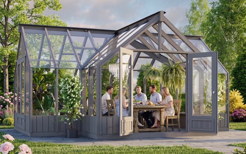 Lifestyle visualisation of six people dining inside a grey Palmako Emilia XL T-shaped greenhouse