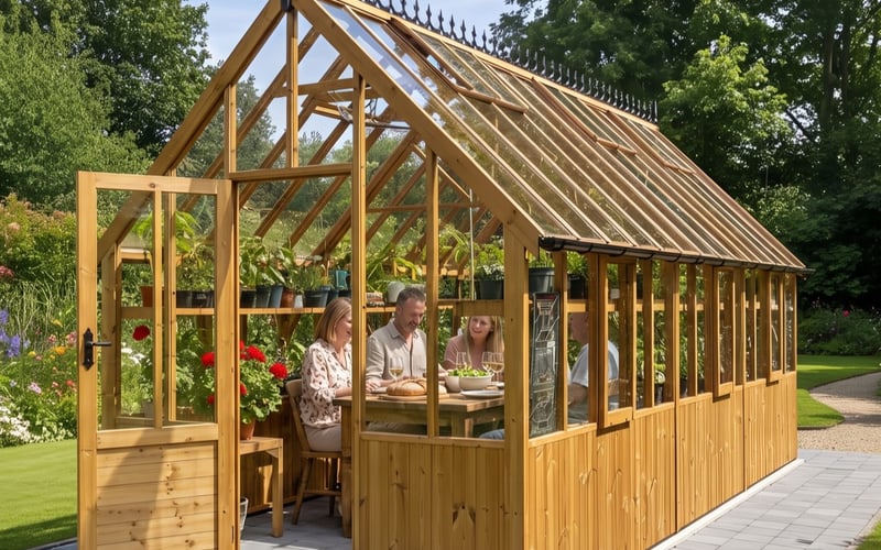 Lifestyle visualisation of four people dining inside a tall wooden Swallow Eagle greenhouse