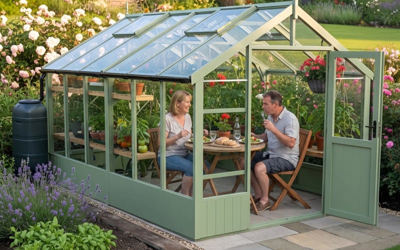 Lifestyle visualisation of two people dining inside a pale green Swallow Raven greenhouse