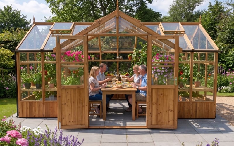 Lifestyle visualisation of four people dining in the centre of a Swallow Swan T-shaped greenhouse