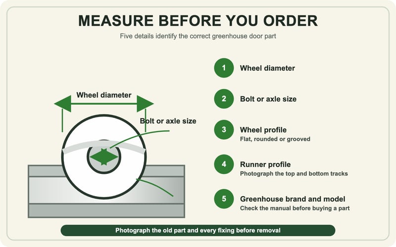 Diagram showing five measurements needed for a greenhouse door wheel replacement