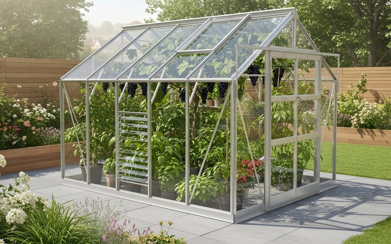 Elite Titan 8x10 greenhouse with a grapevine trained along the ridge and bunches of black grapes