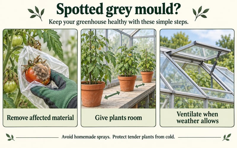Illustrated grey mould response: remove affected material, space plants and ventilate when weather allows