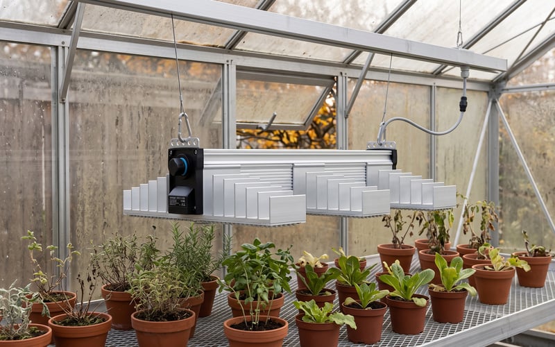 Sanlight EVO 3-100 IP65 LED grow light suspended from an independent greenhouse support