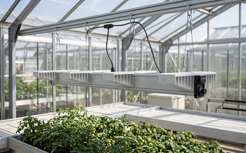 Sanlight EVO 4-120 IP65 grow light above a dry 1200mm greenhouse fruiting bench
