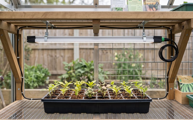 Sanlight Flex II 10 propagation light mounted beneath a dry greenhouse seedling shelf