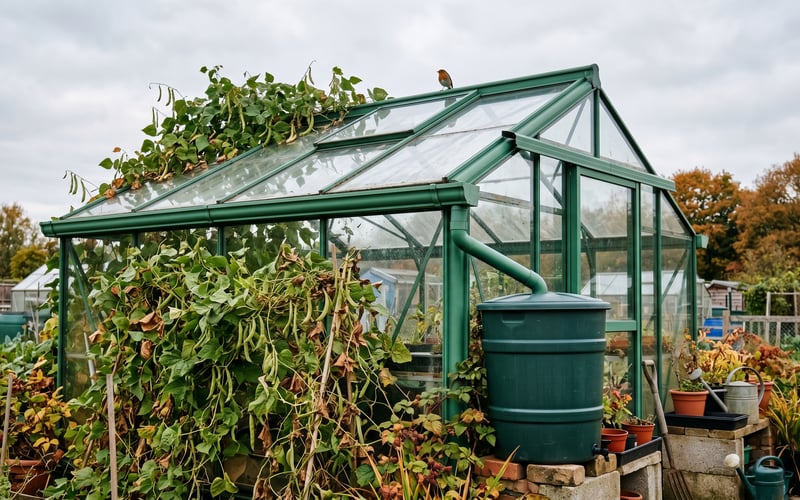 Greenhouse roof guttering feeding a downpipe and rainwater kit into a water butt on an allotment
