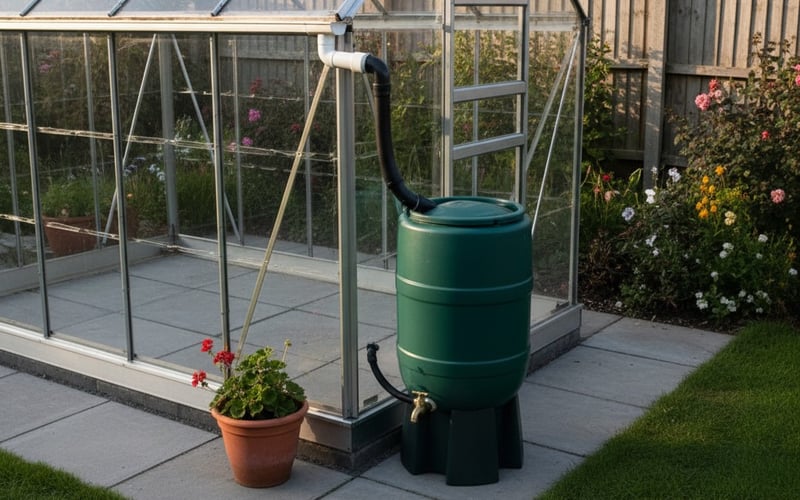 Greenhouse guttering directing rainwater into a water butt