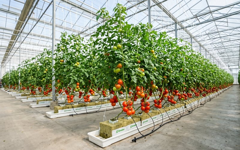 Hydroponic tomato plants on a drip system in rockwool slabs inside a UK greenhouse, fed by a timer-controlled line