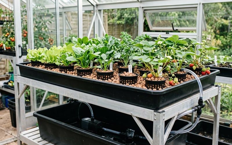 Ebb and flow flood tray of clay-pebble pots sitting on aluminium greenhouse staging above a nutrient reservoir