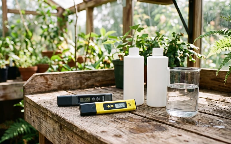 Digital EC meter and pH pen resting beside two bottles of hydroponic nutrient on a greenhouse bench