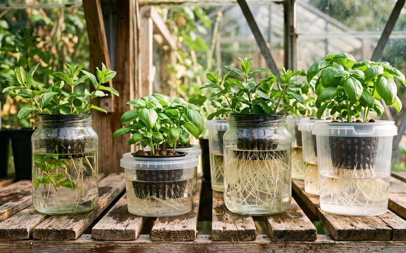 Glass jars of basil and mint growing by the Kratky method on greenhouse staging, roots visible in nutrient water
