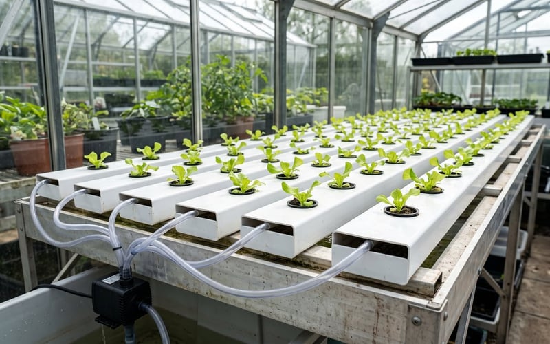White NFT hydroponic channels on greenhouse staging with a pump recirculating nutrient film past lettuce roots