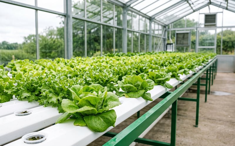 Rows of butterhead lettuce growing in white NFT hydroponic channels inside a sunlit UK greenhouse