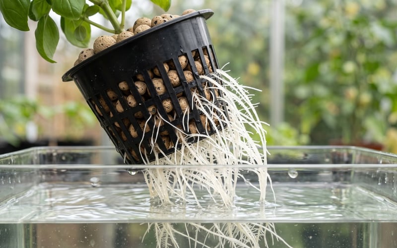 Close-up of healthy white plant roots growing through a net pot of clay pebbles into nutrient solution